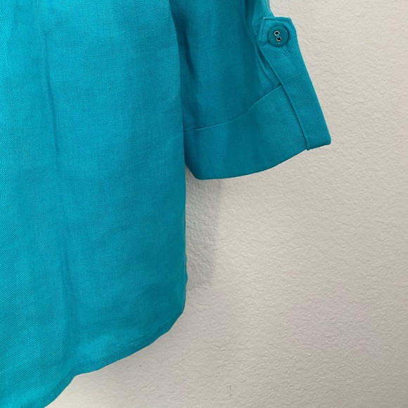 JM • Stunning Turquoise 100% Linen Sequence Pleated Buttoned Top - Picture 13 of 13